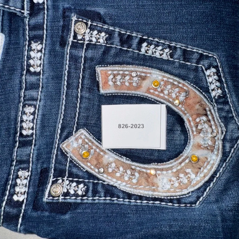 Grace in LA Womens Bootcut Jeans Dark Wash Horseshoe Embellished Size 28 Bling